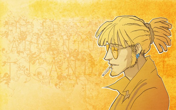Anime picture 1920x1200 with the less than epic adventures of tj and amal tj bigbigtruck single highres blonde hair wide image tail eyes closed wallpaper piercing mouth hold yellow background smoking boy choker sunglasses cigarette beard dreadlocks