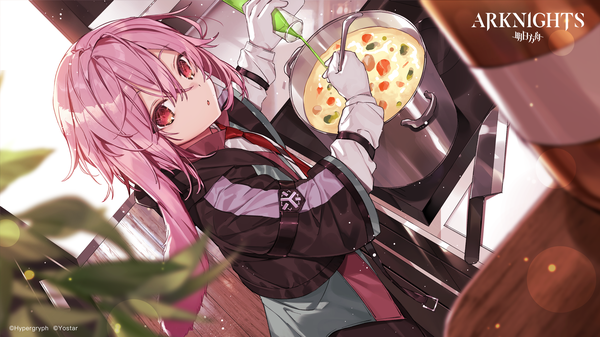 Anime picture 2935x1650 with arknights ansel (arknights) hanagata single looking at viewer fringe highres short hair hair between eyes red eyes wide image animal ears pink hair from above official art bunny ears copyright name lens flare cooking boy