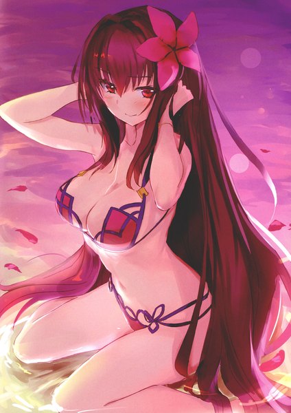 Anime picture 800x1132 with fate (series) fate/grand order scathach (fate) (all) scathach (swimsuit assassin) (fate) nishin (nsn 0822) single tall image looking at viewer blush fringe breasts light erotic smile hair between eyes red eyes sitting bare shoulders payot bent knee (knees) outdoors