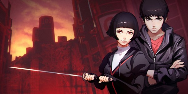 Anime picture 1500x750 with chromatiq ilya kuvshinov fringe short hair breasts black hair red eyes wide image holding looking away sky outdoors long sleeves head tilt light smile black eyes puffy sleeves crossed arms eyebrows serious