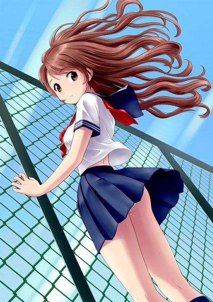 Anime picture 706x1000 with original ponnetsu single long hair tall image looking at viewer light erotic brown hair brown eyes girl skirt serafuku fence