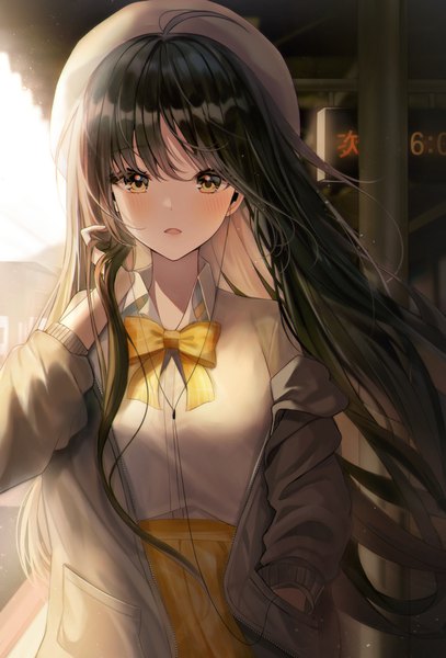 Anime picture 2600x3831 with original chaerom single long hair tall image looking at viewer blush fringe highres open mouth black hair standing yellow eyes ahoge outdoors multicolored hair arm up wind sunlight off shoulder