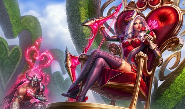 Anime-Bild 1215x717 mit league of legends ashe (league of legends) tryndamere (league of legends) long hair black hair wide image sitting green eyes grey hair official art valentine girl boy flower (flowers) weapon armor rose (roses) thigh boots armchair bow (weapon)