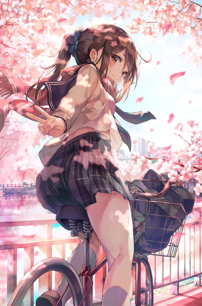 Anime picture 795x1200 with original huwari (dnwls3010) single long hair tall image looking at viewer blush fringe smile hair between eyes brown hair brown eyes payot outdoors ponytail pleated skirt looking back hair flower from behind cherry blossoms