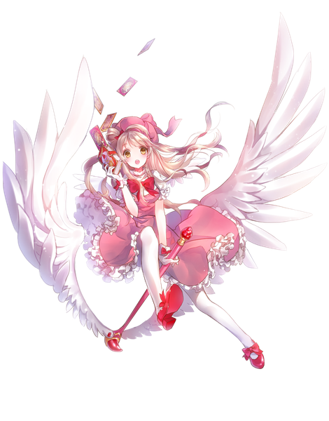 Anime picture 900x1148 with original ransae single long hair tall image looking at viewer blush open mouth blonde hair brown eyes full body transparent background girl dress wings card (cards)