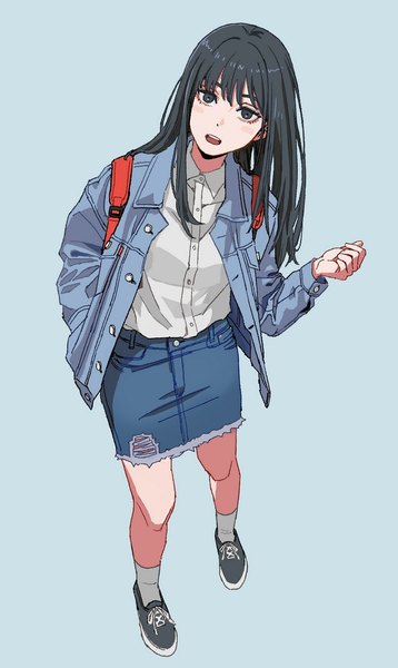 Anime picture 802x1343 with chainsaw man mappa mitaka asa shiren (ourboy83) single long hair tall image looking at viewer open mouth black hair simple background full body from above black eyes open jacket blue background hand in pocket denim girl skirt