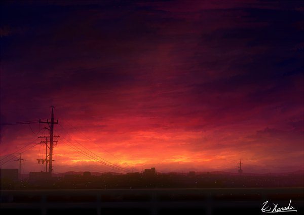 Anime picture 1200x848 with original alu.m (alpcmas) signed sky cloud (clouds) outdoors city evening sunset cityscape no people railing power lines
