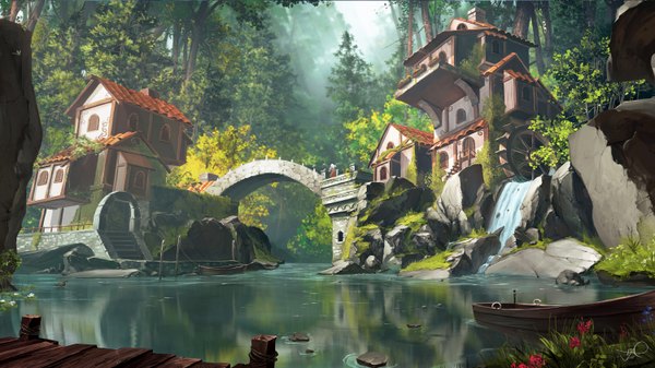 Anime picture 3000x1688 with original refiend single highres wide image signed landscape river nature ambiguous gender flower (flowers) plant (plants) animal tree (trees) bird (birds) building (buildings) grass forest house bridge