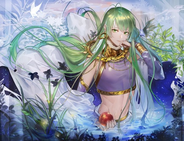 Anime picture 1173x900 with fate (series) fate/strange fake enkidu (fate) az (kroneko007) single looking at viewer green eyes ahoge very long hair green hair sparkle midriff partially submerged hand to mouth boy navel flower (flowers) earrings water jewelry