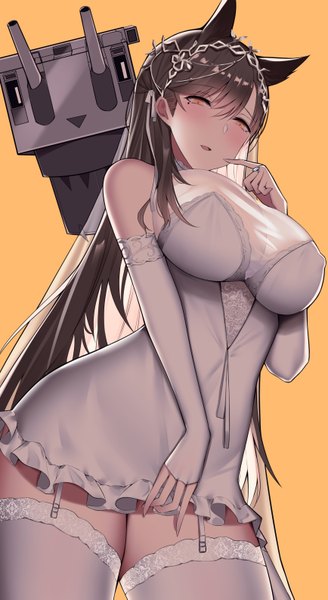 Anime picture 1734x3173 with azur lane atago (azur lane) atago (white promise) (azur lane) siu (siu0207) single long hair tall image looking at viewer blush fringe highres breasts open mouth light erotic black hair simple background hair between eyes large breasts bare shoulders animal ears