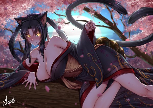 Anime picture 1754x1240 with highschool dxd kuroka (high school dxd) adsouto single looking at viewer blush fringe highres short hair breasts light erotic black hair smile hair between eyes large breasts bare shoulders signed animal ears yellow eyes payot
