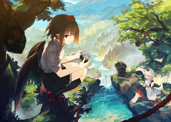 Anime-Bild 1100x788 mit touhou shameimaru aya inubashiri momiji kitsune (kazenouta) looking at viewer short hair red eyes brown hair multiple girls animal ears full body white hair tail animal tail pointy ears squat mountain black wings wolf ears wolf tail