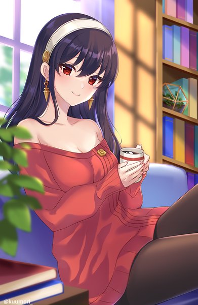 Anime picture 783x1200 with spy x family yor briar kleune single long hair tall image looking at viewer fringe black hair smile hair between eyes red eyes signed indoors twitter username girl earrings pantyhose black pantyhose book (books)