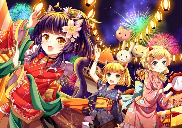 Anime picture 1240x876 with original villyane long hair blush short hair open mouth blue eyes blonde hair smile multiple girls green eyes animal ears yellow eyes purple hair ahoge ponytail tail traditional clothes :d japanese clothes