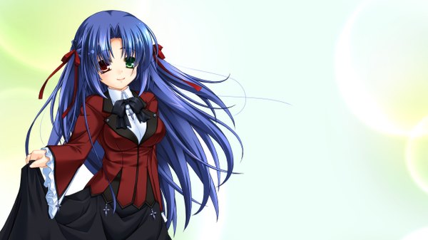 Anime picture 2560x1440 with argenteumastrum single long hair highres simple background wide image blue hair heterochromia girl dress ribbon (ribbons) hair ribbon