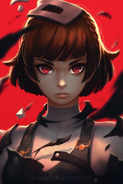 Anime picture 683x1024 with persona 5 persona niijima makoto koyoriin single tall image looking at viewer fringe short hair simple background red eyes brown hair upper body braid (braids) parted lips lipstick watermark red background pink lipstick makeup