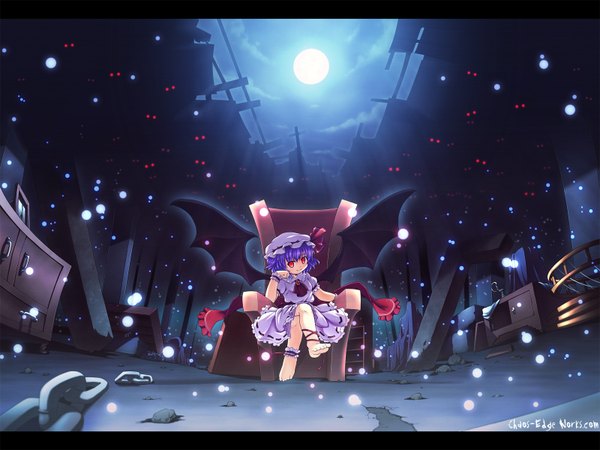 Anime picture 1600x1200 with touhou remilia scarlet etogami kazuya single looking at viewer short hair red eyes sitting purple hair full body barefoot night crossed legs letterboxed bat wings chin rest girl dress hat wings