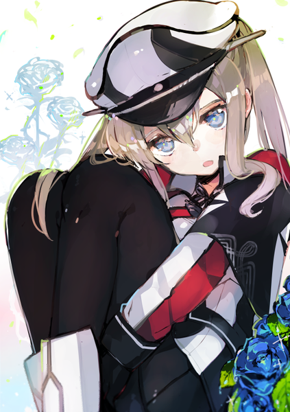Anime picture 600x850 with kantai collection graf zeppelin (kantai collection) atsumi jun single long hair tall image fringe open mouth blonde hair hair between eyes twintails payot looking away embryo's pose girl uniform flower (flowers) pantyhose black pantyhose rose (roses)