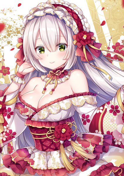 Anime picture 634x900 with original mitsuba choco single long hair tall image looking at viewer blush fringe breasts light erotic smile hair between eyes large breasts standing bare shoulders green eyes payot cleavage silver hair traditional clothes