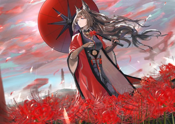 Anime picture 4961x3508 with azur lane amagi (azur lane) kdm (ke dama) single long hair fringe highres breasts blue eyes brown hair large breasts standing holding animal ears looking away absurdres sky cloud (clouds) full body outdoors