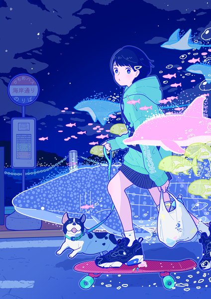 Anime picture 1371x1938 with original yoshimon single tall image looking at viewer short hair blue eyes black hair full body outdoors night turning head girl animal socks shoes hairclip hood white socks fish (fishes)