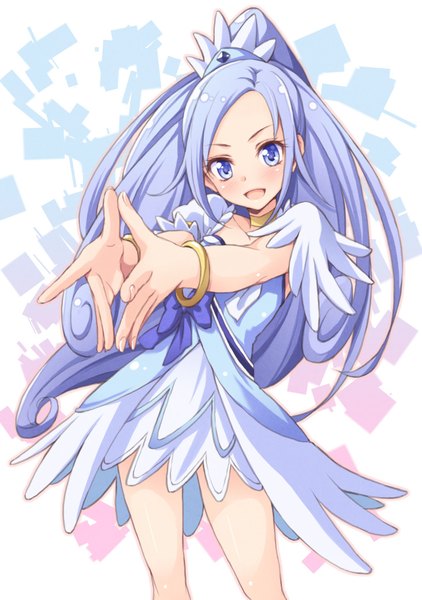 Anime picture 729x1037 with precure dokidoki! precure toei animation hishikawa rikka cure diamond tokunou shoutarou single long hair tall image looking at viewer blush open mouth blue eyes standing blue hair ponytail outstretched arm magical girl girl hair ornament