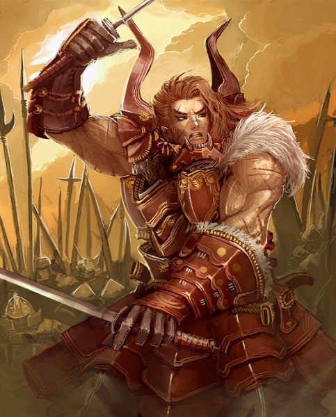 Аниме картинка 1100x1367 с оригинальное изображение cherokee высокое изображение красные глаза каштановые волосы шрам мускул битва армия мужчина перчатки оружие меч броня катана шлем