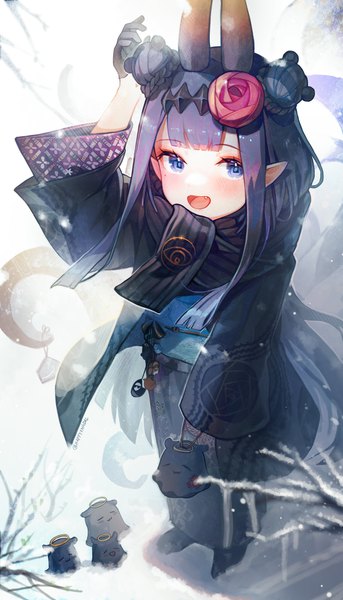 Anime picture 2208x3859 with virtual youtuber hololive hololive english ninomae ina'nis takodachi (ninomae ina'nis) ninomae ina'nis (4th costume) happyongdal single long hair tall image looking at viewer highres open mouth blue eyes purple hair traditional clothes :d japanese clothes arm up horn (horns)