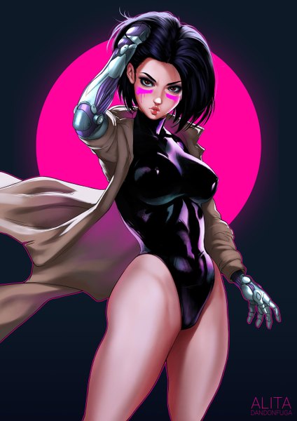Anime picture 1000x1414 with battle angel alita gally dandon fuga single tall image looking at viewer short hair breasts light erotic black hair simple background standing brown eyes parted lips lips realistic inscription open jacket facial mark adjusting hair