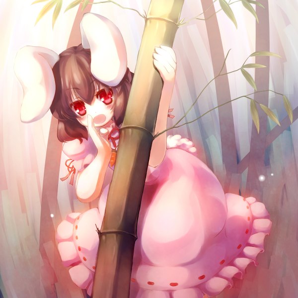 Anime picture 1200x1200 with touhou inaba tewi gengetsu chihiro single looking at viewer blush short hair open mouth red eyes brown hair animal ears bunny ears nature girl ribbon (ribbons) plant (plants) tree (trees) pendant jewelry forest