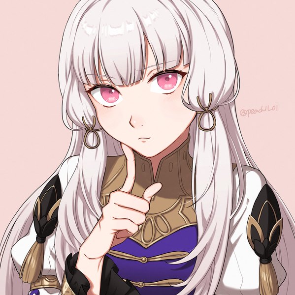 Anime picture 1892x1896 with fire emblem fire emblem: three houses fire emblem warriors: three hopes nintendo lysithea von ordelia peach11 01 single long hair tall image looking at viewer fringe highres simple background signed silver hair upper body blunt bangs pink eyes twitter username pink background