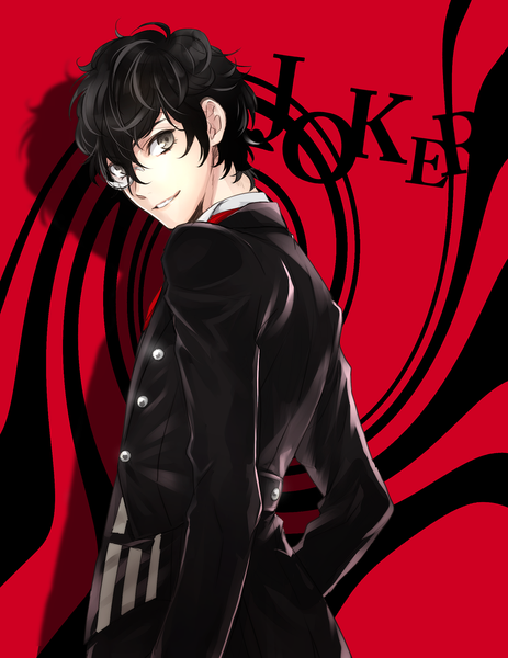 Anime picture 1082x1400 with persona 5 persona amamiya ren kujou negita single tall image looking at viewer fringe short hair black hair smile hair between eyes standing head tilt looking back from behind inscription shadow grey eyes red background