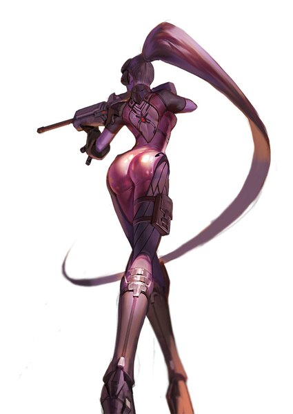 Anime picture 700x987 with overwatch blizzard entertainment widowmaker (overwatch) et.m single tall image light erotic simple background standing white background holding purple hair full body ass ponytail very long hair from behind blurry from below short sleeves