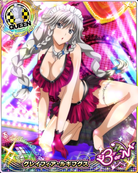 Anime picture 640x800 with highschool dxd grayfia lucifuge single long hair tall image looking at viewer breasts light erotic large breasts cleavage braid (braids) grey hair grey eyes card (medium) girl skirt gloves bow hair bow miniskirt