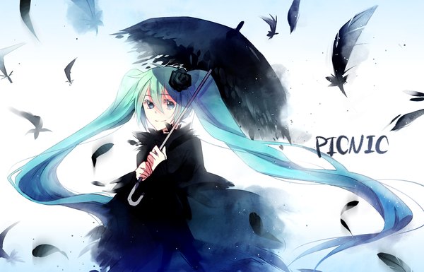 Anime picture 1172x753 with vocaloid hatsune miku garihi (artist) single long hair looking at viewer blue eyes simple background twintails very long hair hair flower aqua hair girl dress hair ornament black dress umbrella feather (feathers) black rose