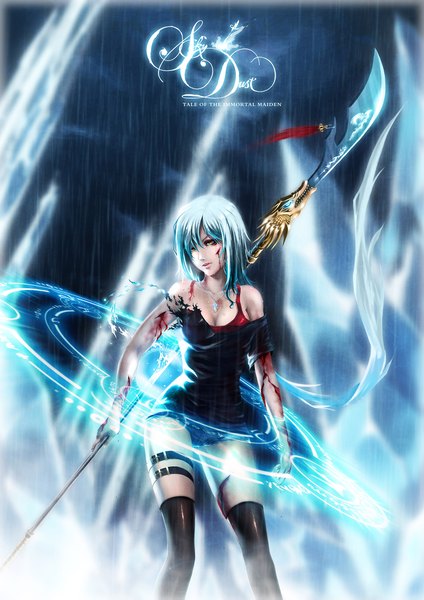 Anime picture 1600x2263 with original lan-nhi single long hair tall image fringe yellow eyes blue hair hair over one eye inscription wet torn clothes magic rain girl weapon blood necklace spear magic circle