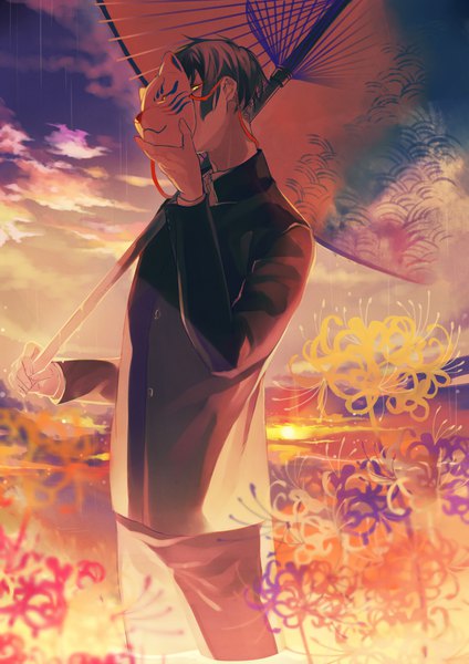 Anime picture 2893x4092 with original fasna single tall image looking at viewer highres short hair black hair holding yellow eyes sky cloud (clouds) partially submerged glowing evening sunset glowing eye (eyes) boy uniform flower (flowers)