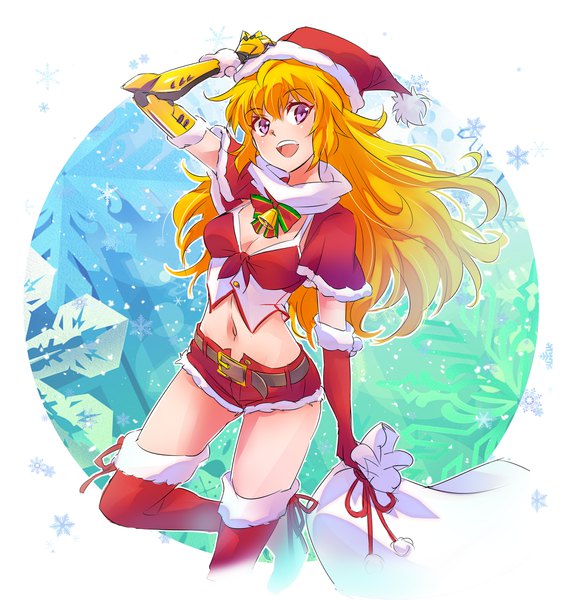 Anime picture 2200x2323 with rwby rooster teeth yang xiao long iesupa single long hair tall image looking at viewer fringe highres breasts open mouth blonde hair smile hair between eyes purple eyes holding arm up snowing christmas