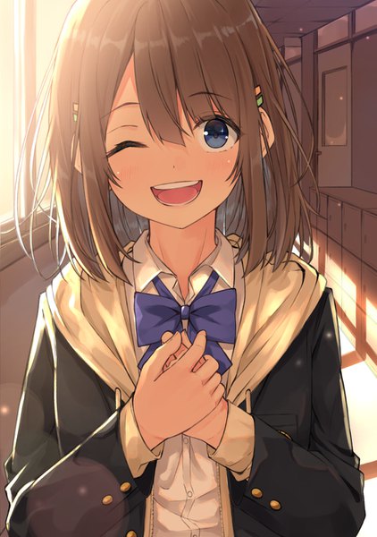 Anime picture 1020x1450 with original moe2019 miko fly single tall image looking at viewer fringe short hair open mouth blue eyes smile hair between eyes brown hair payot upper body indoors one eye closed wink sunlight open clothes