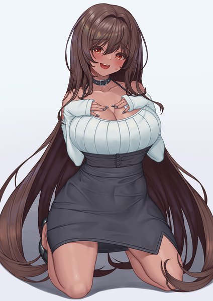 Anime picture 1000x1415 with goddess of victory: nikke noir (nikke) artfairy single tall image looking at viewer blush fringe breasts open mouth light erotic simple background hair between eyes red eyes brown hair large breasts white background full body long sleeves very long hair