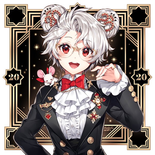 Anime picture 1200x1200 with original nardack single looking at viewer blush short hair open mouth red eyes silver hair upper body :d arm up teeth hair bun (hair buns) new year 2020 animal on shoulder girl animal bowtie