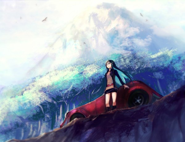 Anime picture 1076x827 with original jinichi single long hair blue eyes black hair open clothes open jacket mountain girl skirt plant (plants) miniskirt animal tree (trees) bird (birds) ground vehicle car