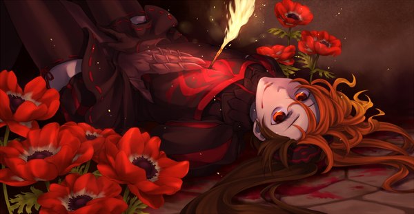 Anime picture 1147x596 with seisen no iberia sound horizon layla mitani kitsune kitune0213 long hair looking at viewer wide image lying multicolored hair orange eyes girl thighhighs gloves flower (flowers) blood fire arrow (arrows) anemone (flower)