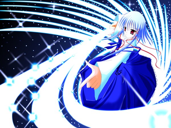 Anime picture 1333x1000 with sola morimiya aono a-s single fringe short hair red eyes payot blue hair from above sparkle wallpaper outstretched arm magic girl ribbon (ribbons) hair ribbon