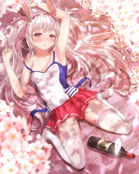 Anime picture 1280x1600 with azur lane laffey (azur lane) absent single long hair tall image looking at viewer blush breasts open mouth light erotic red eyes twintails animal ears silver hair bent knee (knees) lying arm up on back bunny ears