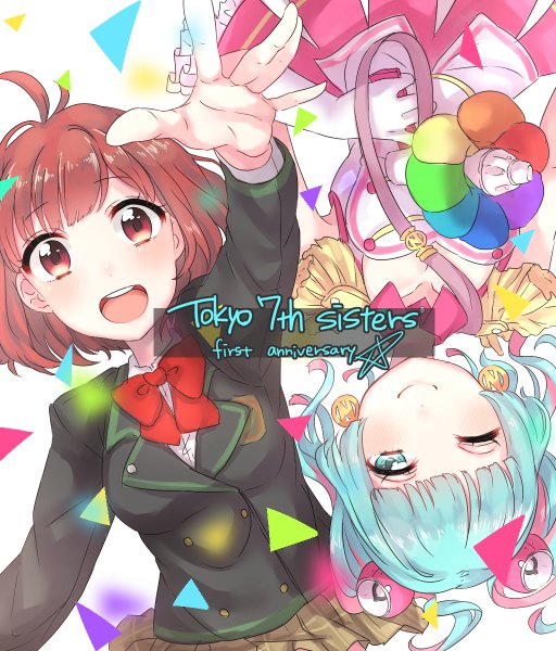 Anime picture 1024x1200 with tokyo 7th sisters kasukabe haru nanasaki nicole tall image short hair breasts open mouth blue eyes smile red eyes white background multiple girls holding ahoge red hair one eye closed multicolored hair wink aqua hair outstretched arm