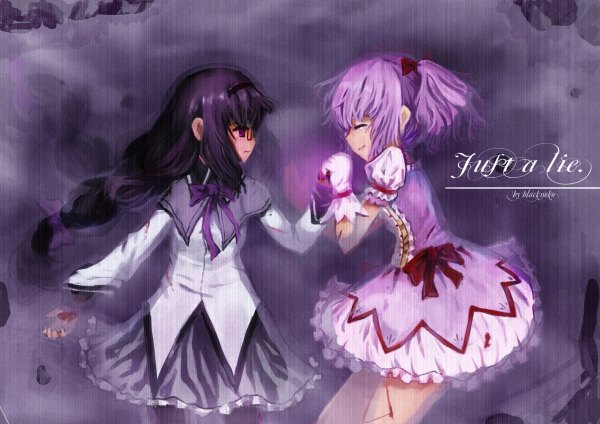 Anime picture 1200x848 with mahou shoujo madoka magica shaft (studio) akemi homura kaname madoka black cat (artist) long hair purple eyes twintails multiple girls pink hair purple hair eyes closed holding hands short twintails scar crying girl dress gloves bow