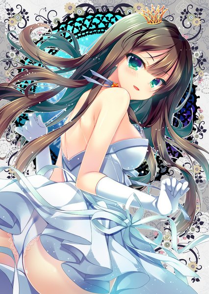 Anime picture 569x800 with idolmaster idolmaster cinderella girls shibuya rin mitsumomo mamu single long hair tall image looking at viewer fringe breasts open mouth light erotic smile brown hair large breasts bare shoulders green eyes ass girl dress