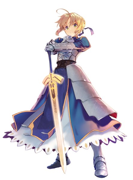 Anime picture 1005x1356 with fate (series) fate/stay night fate/zero studio deen type-moon artoria pendragon (all) saber shirabi single tall image looking at viewer blush short hair blonde hair simple background smile white background green eyes ahoge girl