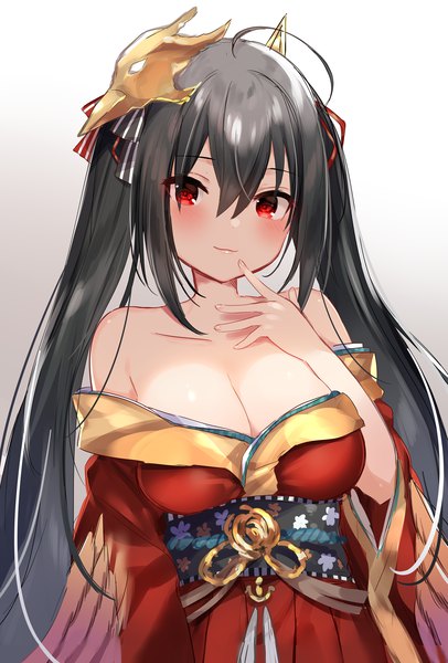 Anime picture 1254x1853 with azur lane taihou (azur lane) mafuyu (chibi21) single long hair tall image looking at viewer blush fringe breasts light erotic black hair simple background smile hair between eyes red eyes large breasts standing twintails bare shoulders